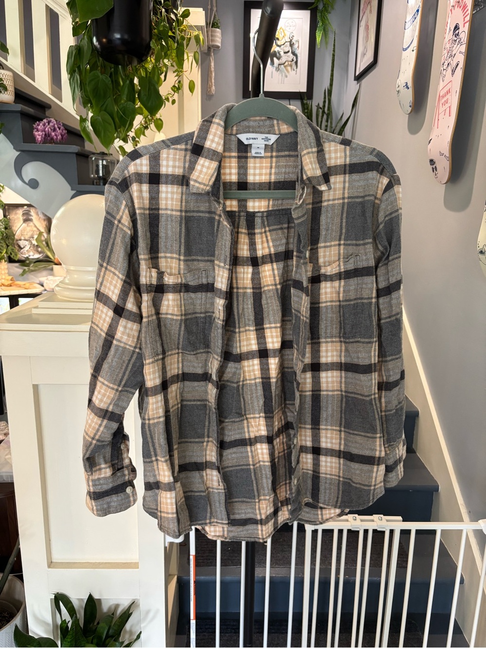 Old Navy Women's by Plaid Button-Down Shirt - Gray & Cream